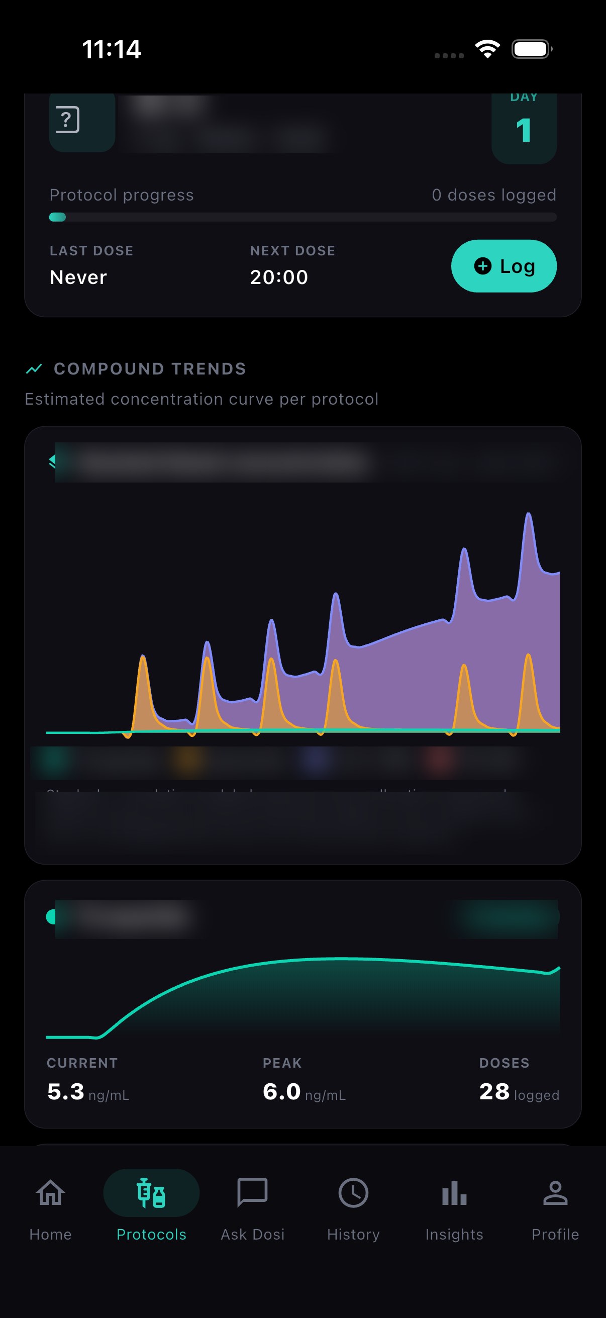 Dosi dashboard showing daily dose log, streak tracker, and smart reminders