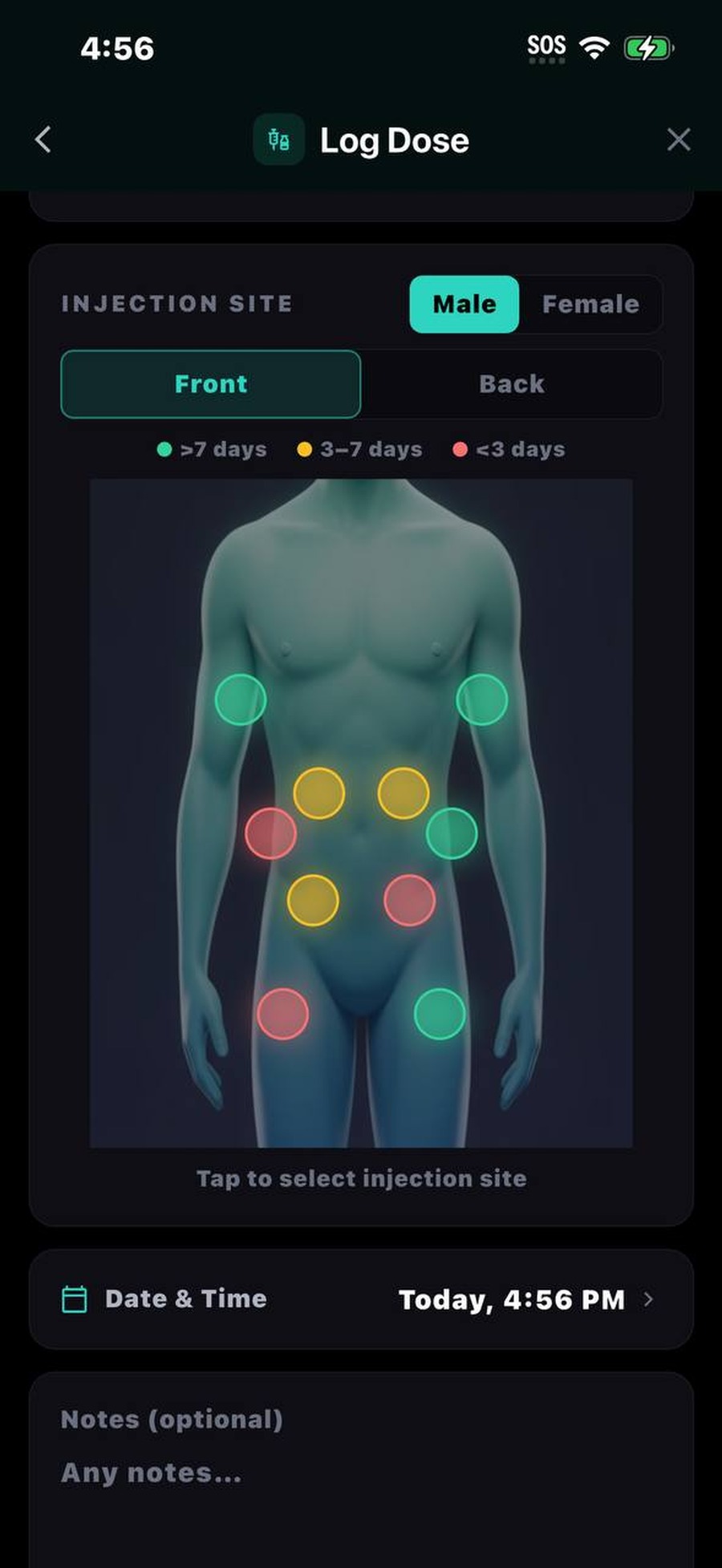 Dosi 3D body map for tracking sites and rotation history